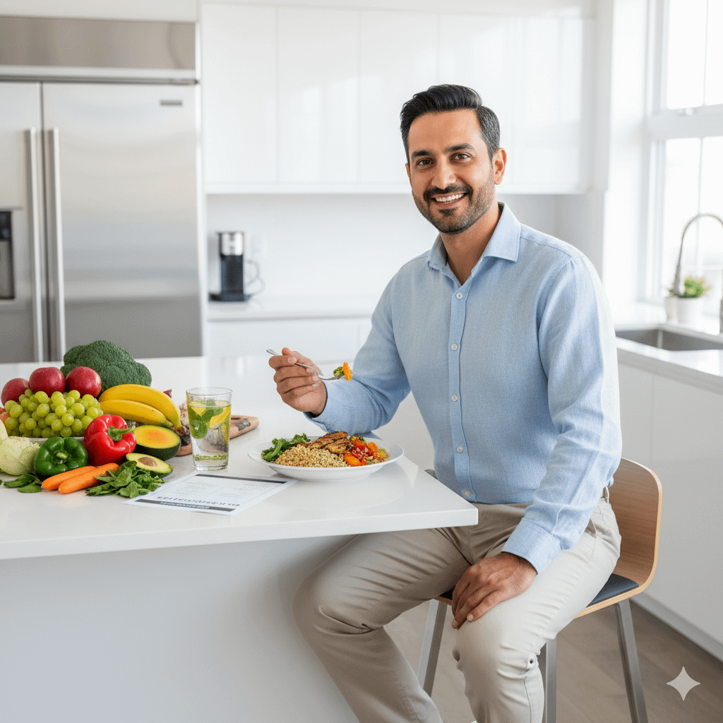 Balanced meal with fruits and vegetables representing healthy lifestyle habits.